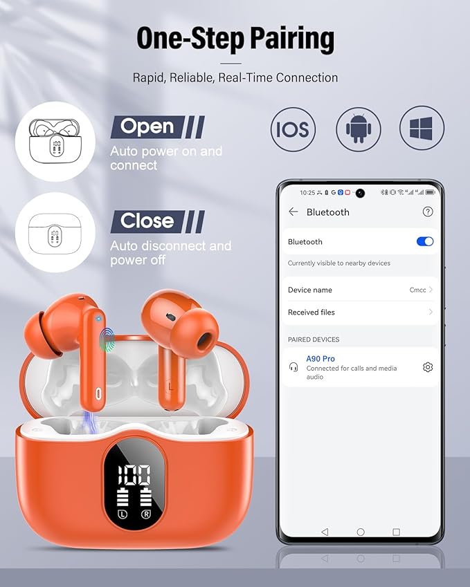 Wireless Earbuds, Bluetooth 5.4 Headphones Bass Stereo, Ear Buds with Noise Cancelling Mic, LED Display in Ear Earphones Clear Calls, IP7 Waterproof Bluetooth Earbuds for Laptop/Phones/Sports, Orange