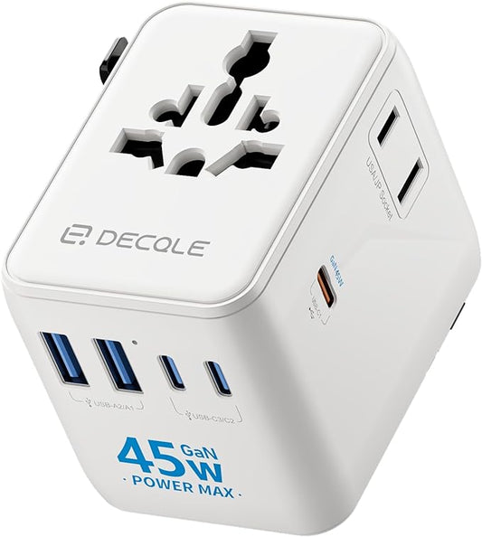 Universal Travel Adapter, International Travel Plug Adapter with 3 USB-C ＆ 2 USB-A Ports 45W, All in One Portable Socket, for USA, UK, EU, AU ＆ 224+ Countries (White)