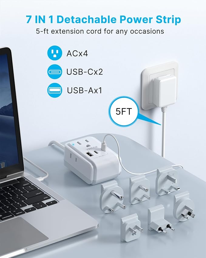 VINTAR Universal Travel Adapter Kit, 5ft Detachable Extension Cord with 4 AC Outlets & 3 USB(2 USB C), Type A/C/G/D/I/M International Power Adaptor for US to Europe UK India South Africa Japan
