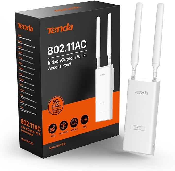 Tenda AC1200 Dual-Band Outdoor Wi-Fi Access Point (OAP1200), MU-MIMO, IP65 Waterproof, PoE Powered, Ideal for Backyard and Garage