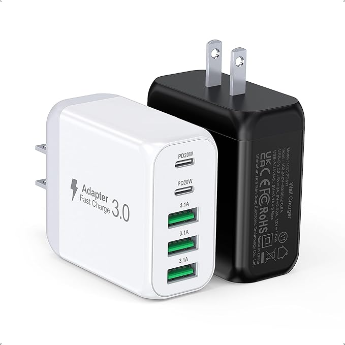 50W USB C Wall Charger Block, 2Pack 5-Port C Charger Fast Charging Block PD Power Adapter+QC 3.0 Multiport Type C Box Brick Cube USB A Wall Plug for iPhone 15/16/17 Pro Max Plus, iPad,Galaxy S24/S23