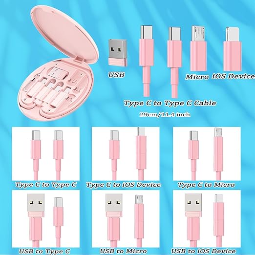 Multi USB Charging Adapter Cable Kit, USB C to iOS Device Adapter Box, Conversion Set A & Type C to Male Micro/Type C/iOS Device, Data Transfer, Card Storage, Tray Eject Pin, Phone Holder (Pink)