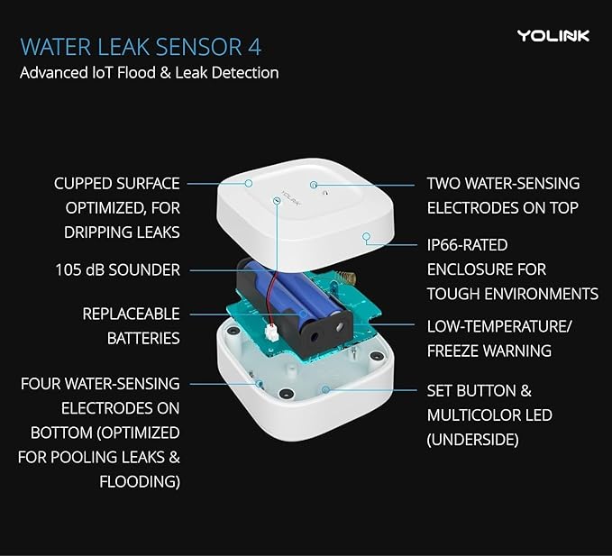YoLink Water Leak Starter Kit: Hub + 6 Leak Sensor 4 (105 dB Siren), LoRa Long-Range, App/SMS/Email Alerts, D2D Offline, 2 AAA Up to 5-Year Battery, Works with Alexa/IFTTT/Home Assistant