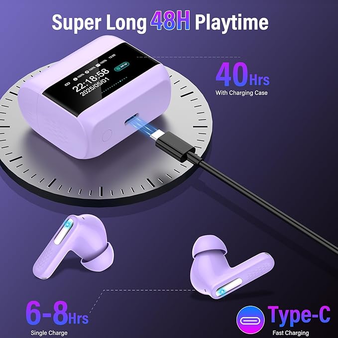 Wireless Earbuds, Bluetooth 5.4 Headphones with Multifunction Touch Screen, 48H Deep Bass Stereo Ear Buds, 5 EQ Modes, ANC/ENC Noise Cancelling, Transparency Mode, IPX7 Earbuds, Purple