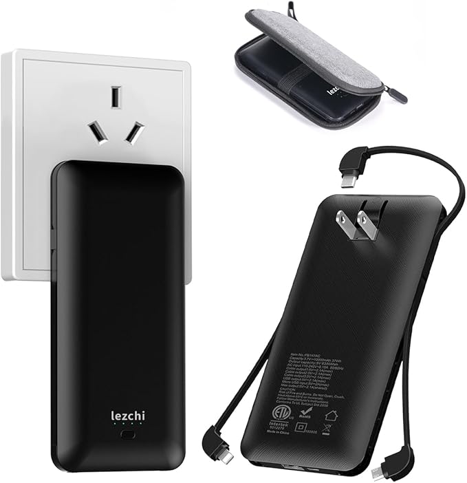 Portable Power Bank, Ultra Slim 10000mAh Portable Charger with Built in Cable, USB C External Battery Pack with Built-in AC Wall Plug Compatible with iPhone Smartphone Tablet…