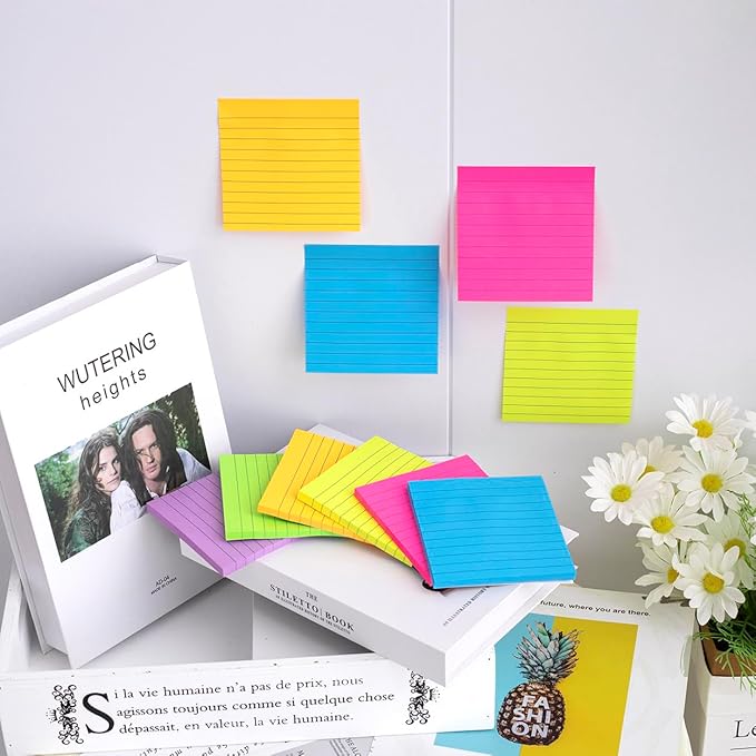 (6 Pads) Lined Sticky Notes 4x4 in, 6 Bright Colors Self-Stick Note Pads, Strong Adhesive, 47 Sheets/Pad