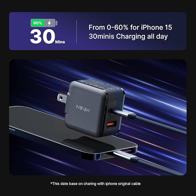 MINIX P1 Mini 30W USB C Charger, 33W PPS 2-Port GaN Charger 1 USB-C Port, 1 USB-A Port with Foldable Plug, Compatible with iPhone 8-15/16 Series, Galaxy S10-S23, Pad and More