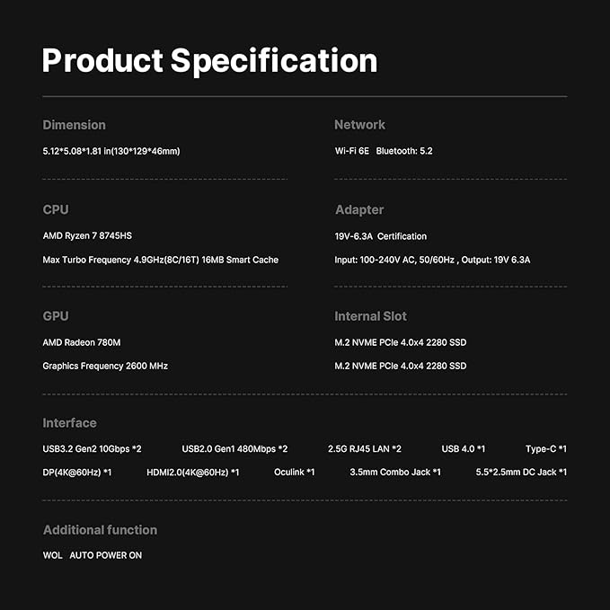 BOSGAME M4 Oculink Mini PC, AMD Ryzen 7 8745HS Desktop Computers, 32GB DDR5, 1TB SSD, Radeon 780M for Game, Wi-Fi 6, BT 5.2, Dual 2.5GbE LAN, USB 4