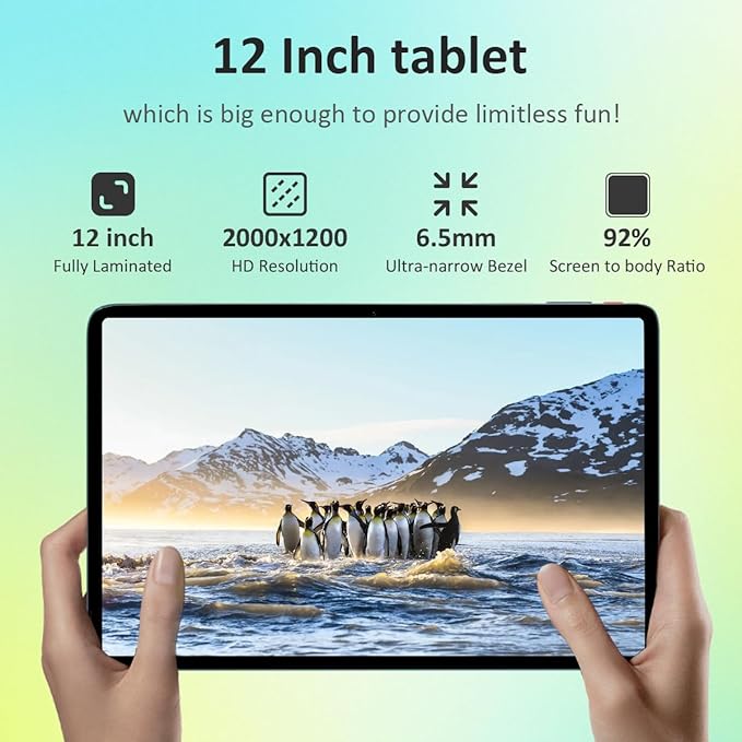 Android Tablet with SIM Card Slot Unlocked, 12 in Large Tablets, 16GB RAM+256GB ROM, 4G LET Cellular Tablet, WiFi BT5.0 GPS Octa-Core, 8000mAh, Dual Camera, Supports Telephone Functions