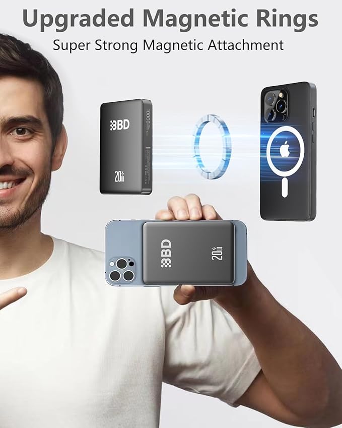 BBD Magsafe Portable Charger,10000mAh Magnetic Power Bank Fast Charging PD 20w with USB C Cable,Slim Magsafe Battery Pack Travel Essential,Wireless Power Bank for iphone 17/16/15/14/13/12 Series 1Pack