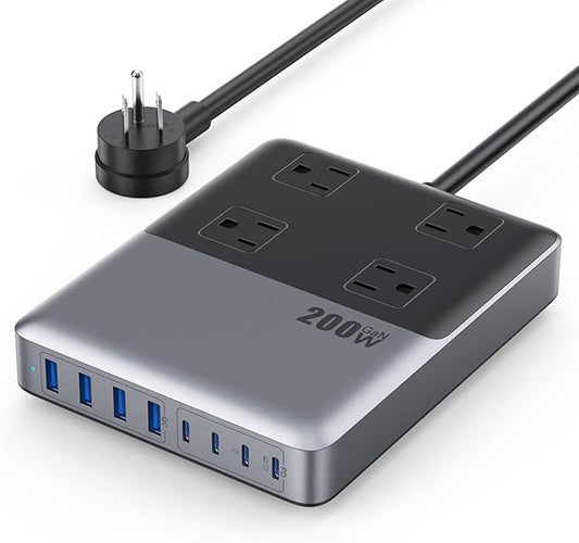 12-in-1 Charging Station USB-C Power Strip with 5ft Cord and Plug, 200W GaN IV Charger Block, 4 AC Outlets, 4 USB A&C for MacBook,iPhone 16/15/14, Desktop Charger for Office, Home