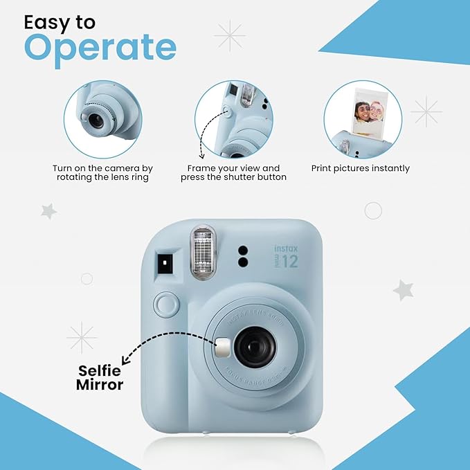 Fujifilm Instax Mini 12 Instant Camera Bundle - Includes 20 Shots Film, Custom Case, Deluxe 60-Pocket Photo Album & BluebirdSales Accessories - Auto Exposure, Selfie Mirror, Pastel Blue
