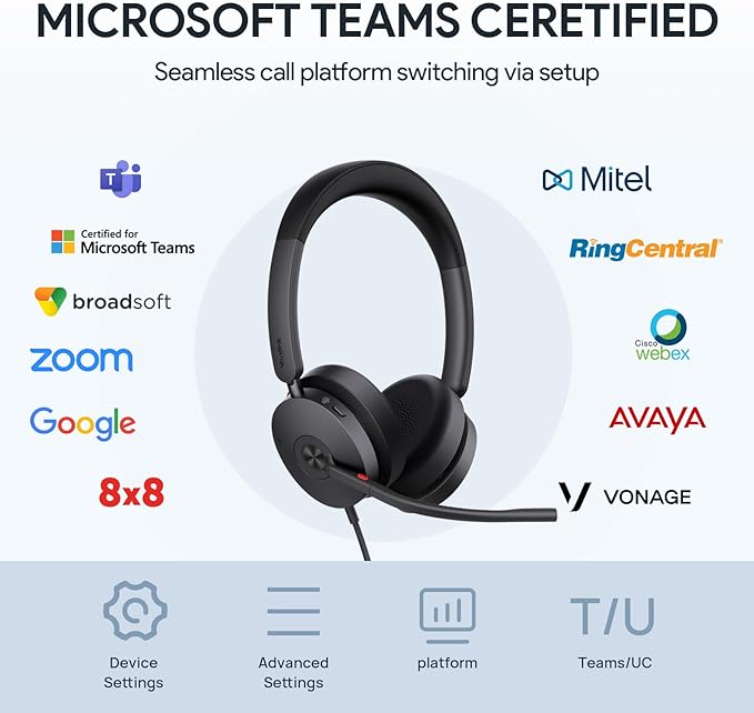 Yealink UH48 ANC Wired Headset with Microphone, Active Noise Cancelling USB Headphones for PC, MS Teams Certified Works with All Other Call Platforms, All Day Comfort, Mute Button