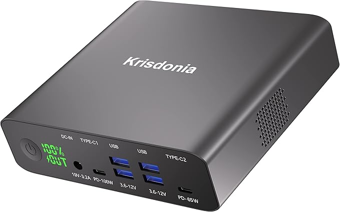 Krisdonia PD 100W Power Bank, 32000mAh Portable Laptop Charger [PD 3.0 100W & 65W Dual USB-C Ports + Quick Charge QC 3.0 Four Ports] for MacBook, Dell, HP, iPad, iPhone, Samsung, Switch and More
