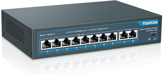 YuanLey 8 Port PoE Switch with 2 Gigabit Uplink, 8 PoE+ Port 100Mbps, 120W 802.3af/at, Extend Function, Metal, Fanless, Unmanaged Plug and Play Network Switch