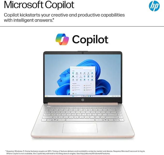 HP 14 Ultrabook • Intel 4-Core N150 • Microsoft 365 • Copilot AI • 8GB RAM • 1.6TB Storage (128GB SSD + 512GB Portable + 1TB OneDrive) • Wi-Fi 6 • 12 Hr Battery • Rose Gold • w/WOWPC Bundle • Win 11