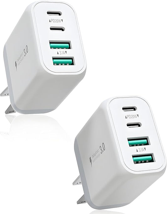 USB C Charger Fast Charging Block,2 Pack 40W PD 4 Port USB C Charger Block Dual Type C Power Adapter+Dual USB-A QC Wall Charging Plug Multiport Brick for iPhone 17/16/15/14/13/12/iPad Pro/Air/Airpods