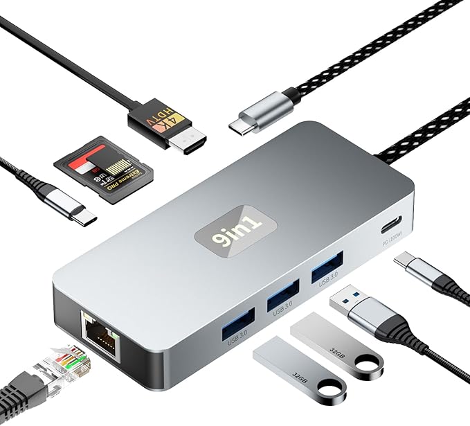 USB C Hub, 9 in 1 USB C to 4K@60HZ HDMI Multiport Adapter, RJ45 Gigabit Ethernet, 3 USB 3.0 Ports, SD/TF Card Reader, PD 100W, Desigend for MacBook Pro Air HP XPS and Other Type C Devices