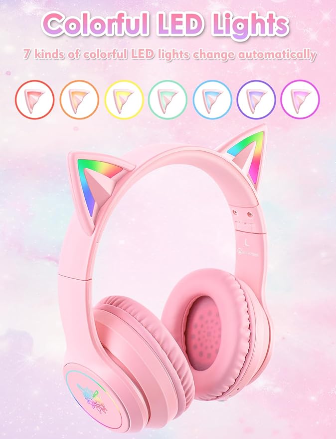Bluetooth Kids Headphones with Microphone, Cat Ear LED Light Up and 85dB Volume Limiting Toddlers Study Headphones, Wireless Foldable HI-FI sound Over-Ear School Headphones for iPhone/iPad/Laptop/PC