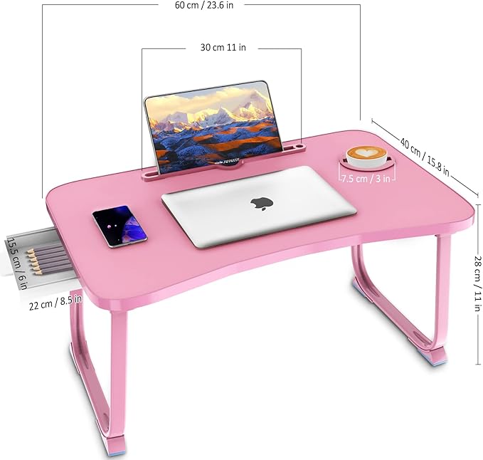 Fayquaze Portable Foldable Laptop Bed Table with Storage Drawer and Cup Holder, Laptop Desk Stand Tray for Eating, Reading and Working