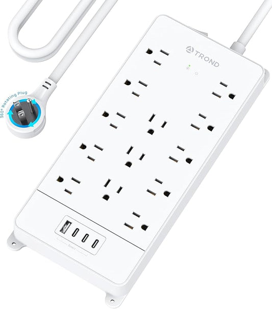 TROND 360° Rotating Flat Plug, Surge Protector Power Strip, 13AC Widely Spaced Outlets Expansion with 3 USB C Ports, 4000J, 10ft Extension Cord Heavy Duty, Wall Mount, Under Desk, ETL Listed, White
