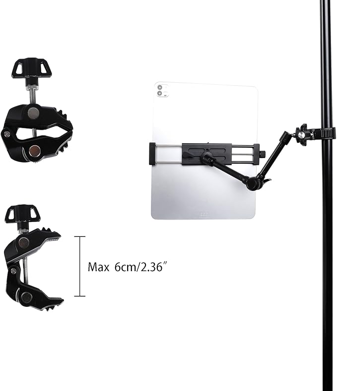 All-Aluminium tablet Holder Bike Handlebar Mount Clamp for Stationary Bicycle Spin Bike Stroller, Tablet Holder for Microphone Stand and Mic Music Stand, Compatible with iPad, iPhone, 4.7-15" Devices