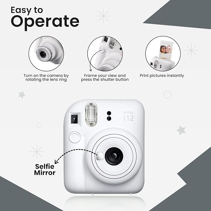 Fujifilm Instant Mini 12 Camera + Accessory Bundle & Compatible Custom Case + Fuji Instant (20 Shots) Designer Mini Photo Album (60 Pockets) (Clay White)