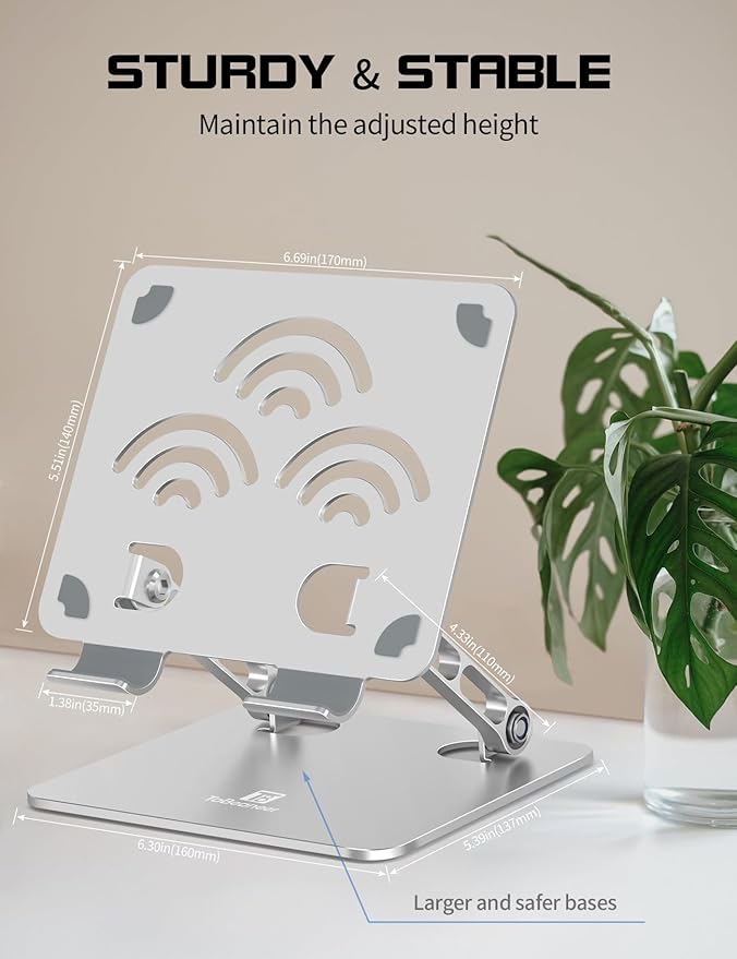 Adjustable Tablet Stand for Desk, Premium Aluminum Holder for iPads, Tablets, Kindles, Switch, Phones, and All Devices up to 14 Inches. Portable and Foldable Silver, Plus Size