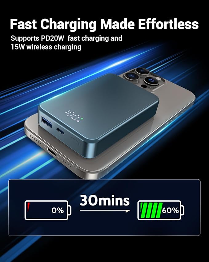 Magnetic Power Bank 26800mAh for Magsafe Portable Charger, Aluminum Alloy Large Capacity 20W USB-C in&Out Wireless Fast Charging for iPhone16 Plus Pro Max/15/14/13/12 Series, Blue