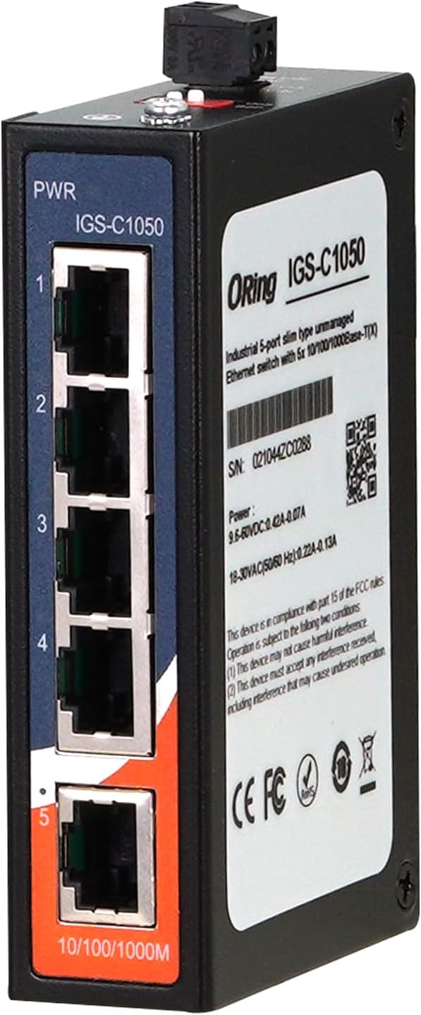 IGS-C1050 Industrial 5-Ports 10/100/1000Base-T(X) Unmanaged Gigabit Ethernet Switch, ORing Industrial Networking
