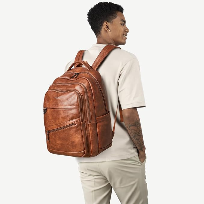 43L Backpack for Women Men - Vegan Leather Backpack Purse Travel Carry-on Bag College Bookbag Work fits 17" Laptop, Brown