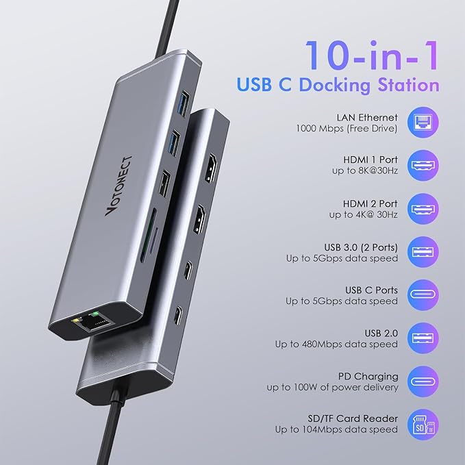 10-in-1 USB C Hub with 4K HDMI Adapter, SD/TF Card Reader, 100W PD Charging, 2 USB 3.0 Ports, and 2 usb2.0 Ports for MacBook Pro/Air, Dell XPS, Lenovo ThinkPad, etc. (8K HDMI Docking station)
