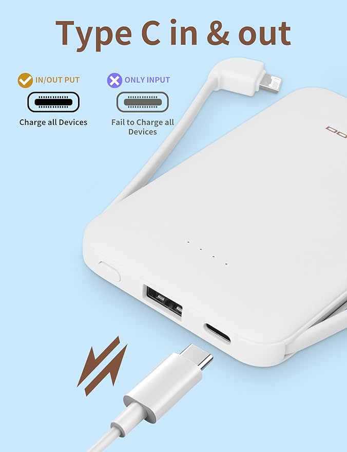 Power Bank, Slimmest 5000mAh Portable Charger with Built in USB-C Cables, USB C in&Out Charging Battery Pack, External Phone Powerbank Compatible with iPhone, Android, White