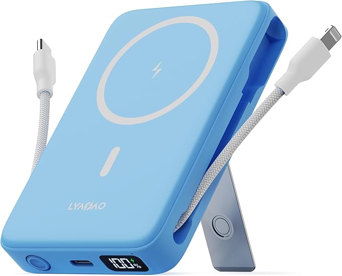 2025 Magnetic Battery Pack 16800mAh Mobile Power Bank, Portable Charger with Foldable Stand and Built-in Cable, 20W USB-C Fast Charging, Suitable for iPhone 17/16/15/14/13/12 Series