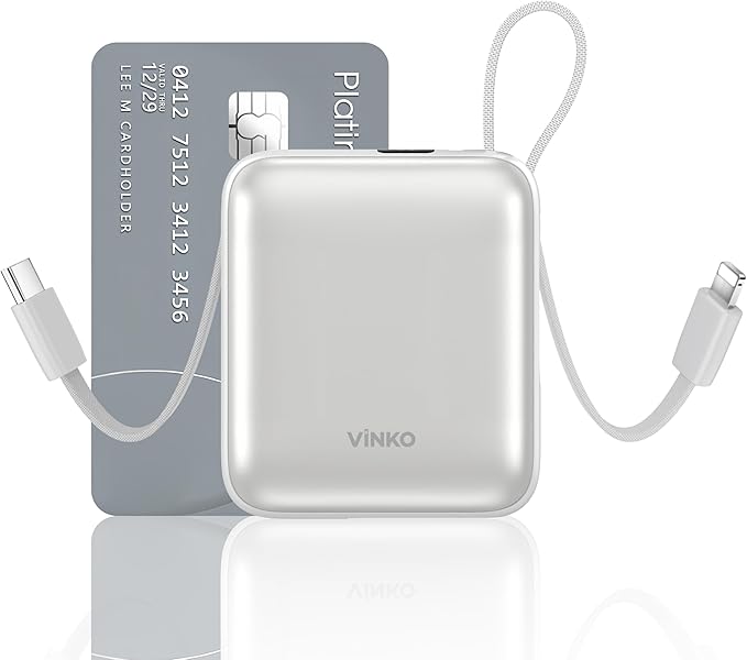 VINKO Portable Charger Power Bank, 10000mAh Travel Essentials Battery Pack, 22.5W Fast Charging USB C Charging Bank Built-in Cables Cords Wires Compatible with iPhone,Samsung,Android(White)