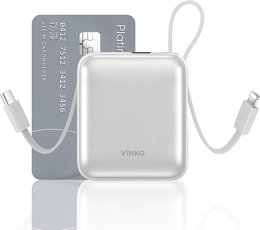 VINKO Portable Charger Power Bank, 10000mAh Travel Essentials Battery Pack, 22.5W Fast Charging USB C Charging Bank Built-in Cables Cords Wires Compatible with iPhone,Samsung,Android(White)