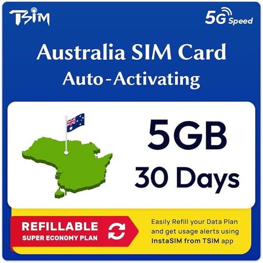 Australia SIM Card | 5GB Super Economy Refillable Plan! Auto Activating 30 Day Validity | Hotspot Allowed | Data-Only No Phone Number