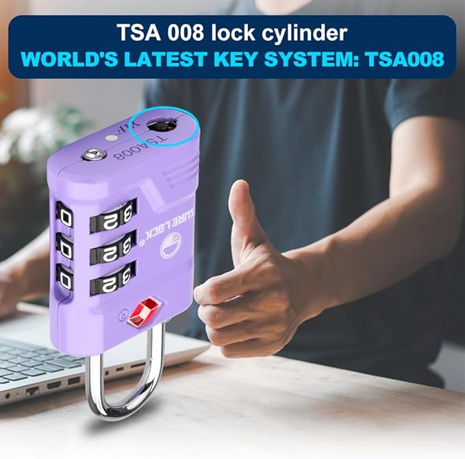 SURE LOCK TSA Locks for Luggage, TSA Approved Luggage Locks with Open Alert, 008 Key for High Security, Easy Read Dials, Zinc Alloy Body, Locker Lock for Suitcase, Gym, Travel. (Purple 2 pk)