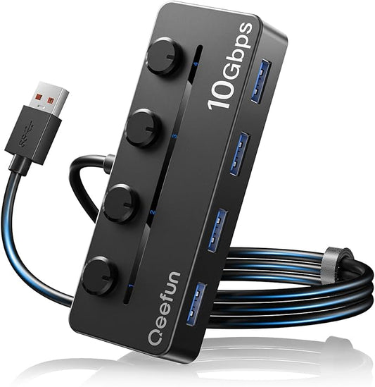 Qeefun 4-Port USB 3.2 Hub, Individual LED Power Switches, 10Gbps Data Transfer USB 3.2 Gen 2 Splitter with 4ft Extension Cable, Multiple USB Extender for Laptop, PC, iMac, USB Flash Drives and More