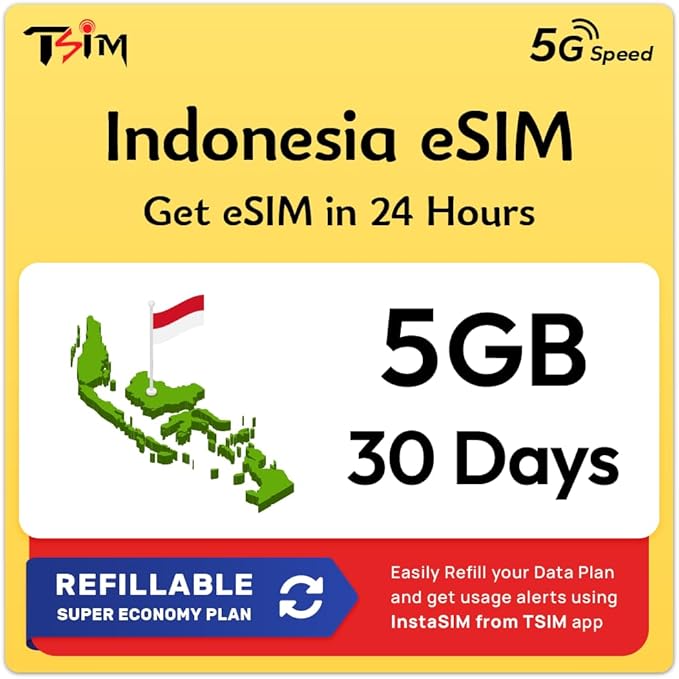 Indonesia eSIM | 5GB Super Economy Refillable Plan! QR Code Sent via Email in 24Hrs - Scan & Use Immediately | Auto Activating 30 Day Validity | Hotspot Allowed | Data-Only No Phone Number