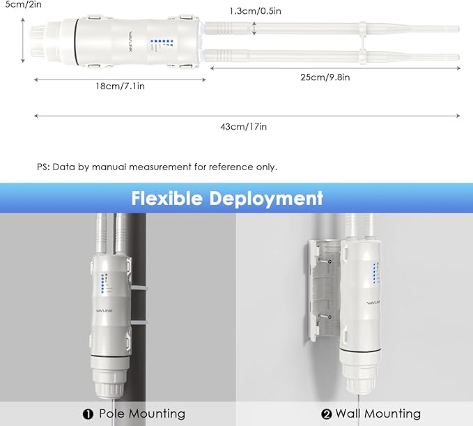 WAVLINK AC600 Outdoor WiFi Extender, 2025 Long Range Dual Band 2.4GHz+5GHz Weatherproof WiFi Access Point with POE, High Power Signal Booster, Router/AP/Repeater Mode, 2x7dBi Antennas for Home & Yard