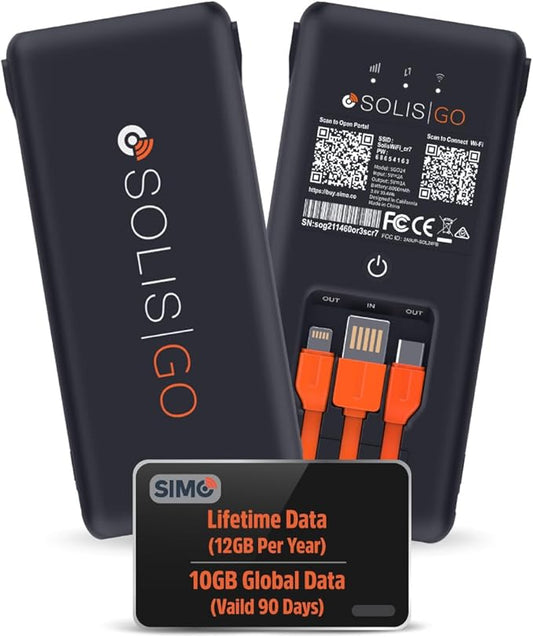 SIMO Solis Go – 4G LTE Hotspot and Power Bank | Includes Lifetime Data (12GB Per Year) and 10GB Global Data | Multi-Carrier | Internet in 140+ Countries | No Contract | Mobile Wi-Fi for Travel