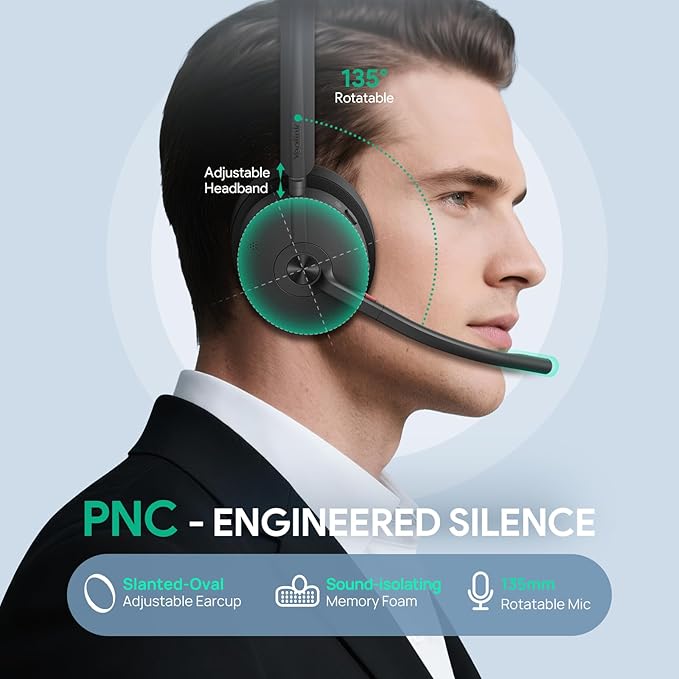 Yealink WH68 ANC DECT&Bluetooth Wireless Headset, 606ft Long Rang 96% Active Noise Cancellation Dual Ear Zoom,UC Headphones with 6X Mic,32H Call,Work Stereo Headsets(PC,Cellphone,Laptop)