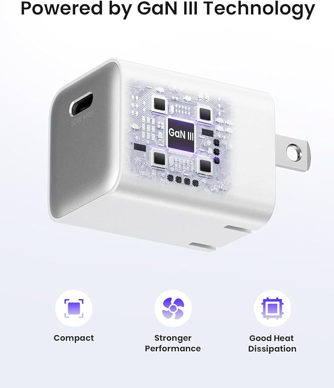 30W USB C Charger Block, Compact Wall Charger with GaN III Tech, PD3.0 PPS QC4.0 Fast Foldable Charger for iPhone 16 15, Galaxy, Pixel, iPad, AirPods,MacBook Air