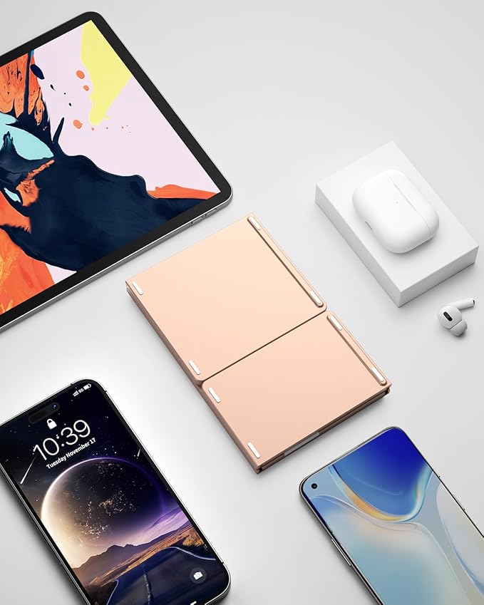 Samsers Foldable Bluetooth Keyboard with Touchpad - Portable Wireless Keyboard with Holder, Rechargeable Full Size Ultra Slim Pocket Folding Keyboards for Android Windows iOS Tablet & Laptop - Pink