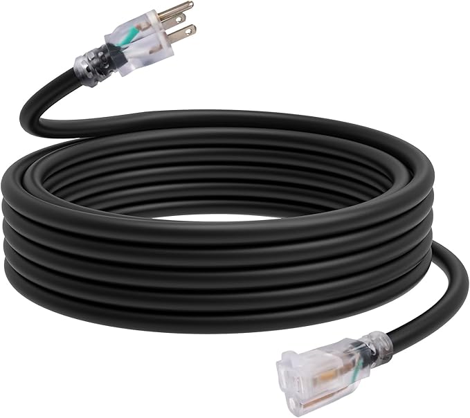 EP 25 Ft Outdoor Extension Cord, 12/3 SJTW Heavy Duty Waterproof Power Cable, 3 Prong Grounded Plug, Lighted End, for Lawn, Garden, Appliances, Black