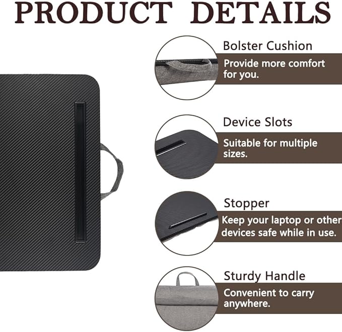 Portable Laptop Desk Fits Up to 16“ Laptops, with Tablet Slot, Built-in Cushion, Great for Home & Office,Lap Desk for Laptop,Lap Desk with Cushion (Black, Medium)