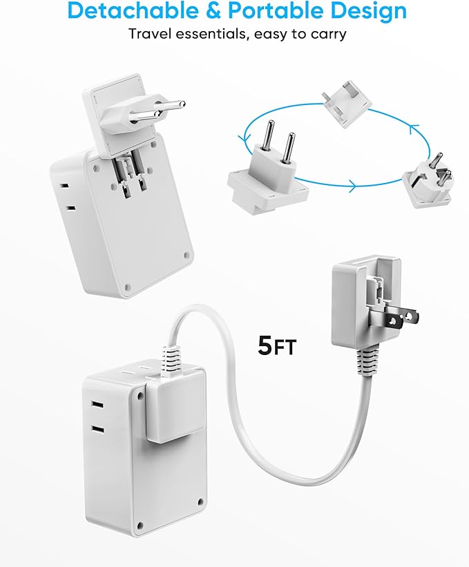 European Travel Plug Adapter Kit, 5ft Detachable Extension Cord with Type C/G/E/F Plug, 4 AC Outlets, 20W USB C Power Delivery, UK Germay France Greece Travel Plug Adapter