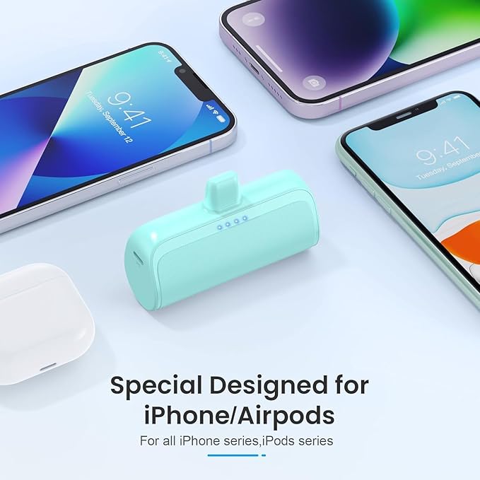 [2 Pack]Mini Portable Charger for iPhone, 5200mAh Ultra-Compact Fast Charging Power Bank Cordless Cute Small Battery Packs Backup Compatible with iPhone 14/14 Pro/13/12/XR/8/7/6-Jade Green+Blush Pink