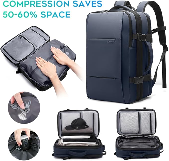 BANGE Backpack with Anti-Theft Vacuum Compression Travel Backpack,Expandable Backpacks with Pump for Airplanes